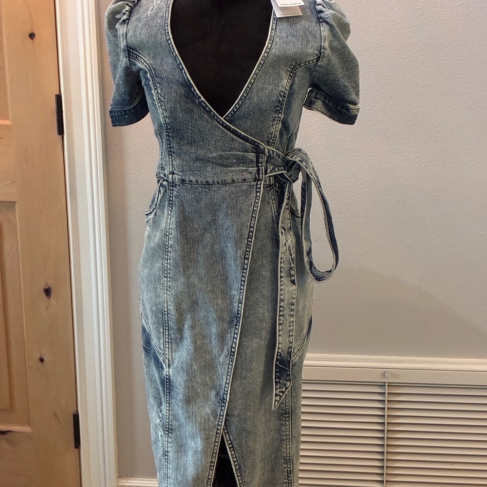 Retrofete Blue Denim Asymmetrical Wrap Midi Dress